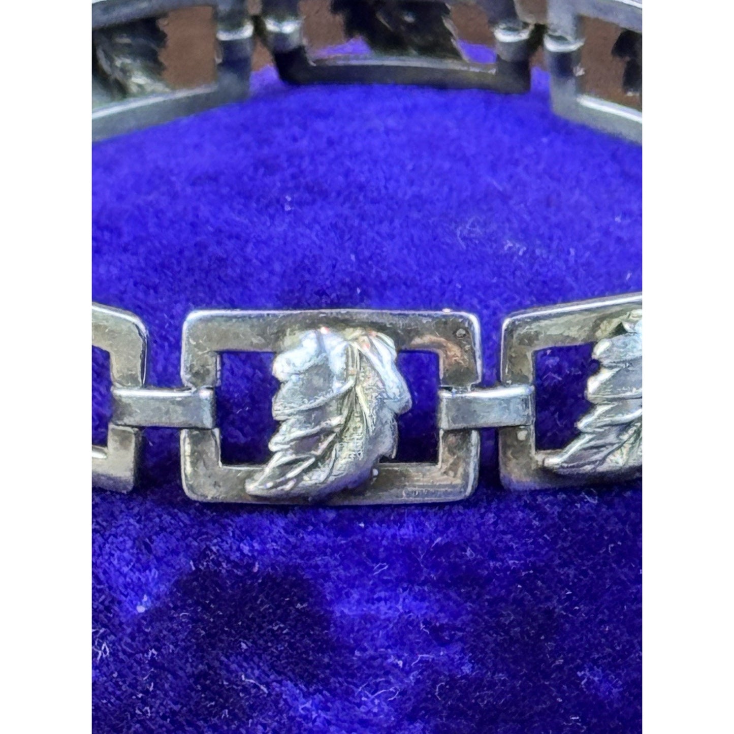 Vintage Sterling Silver Leaf Link Bracelet Gold Accents 7.25” Botanical Design