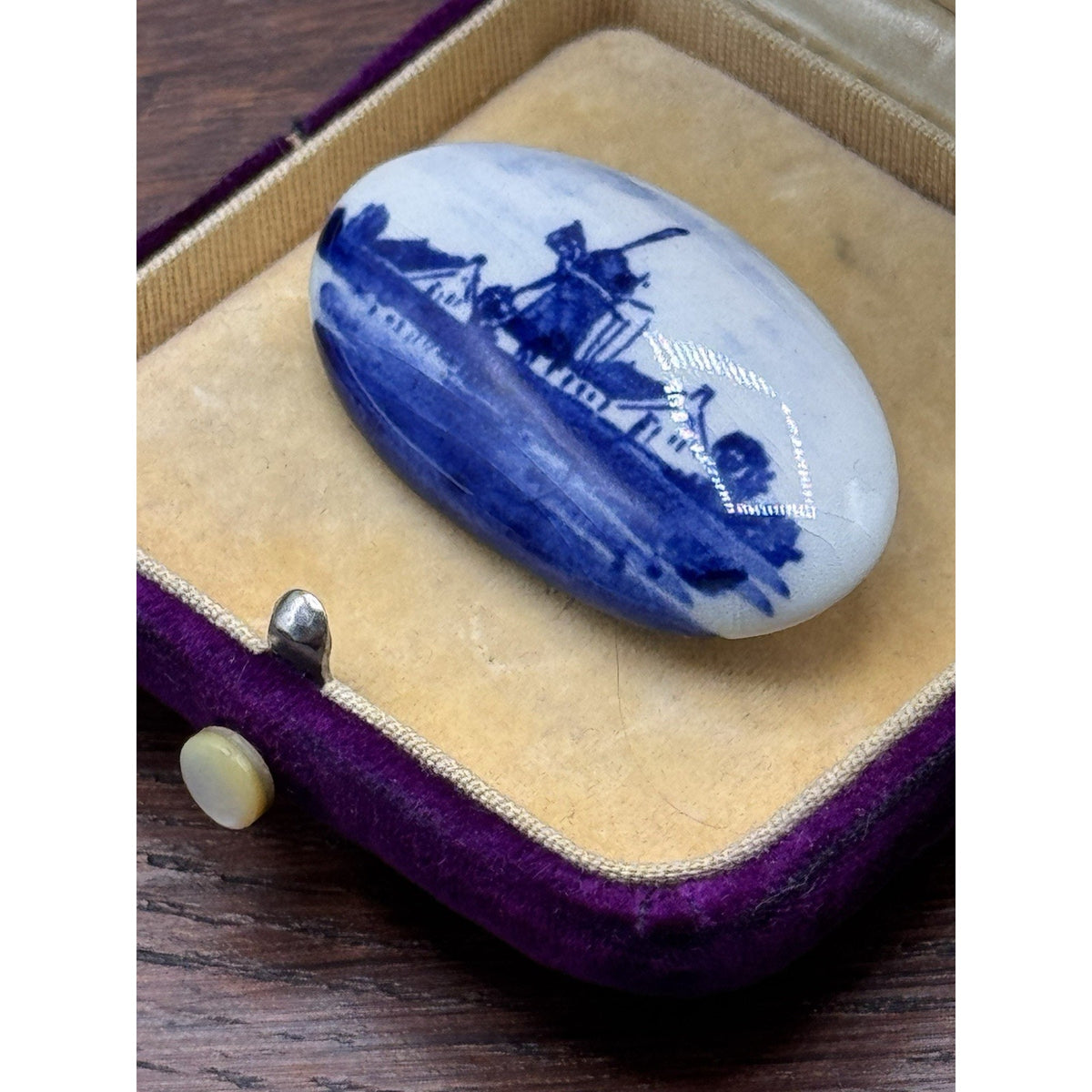 Vintage Brooch Delft Style Porcelain Windmill Landscape Holland 1.5” x .75”