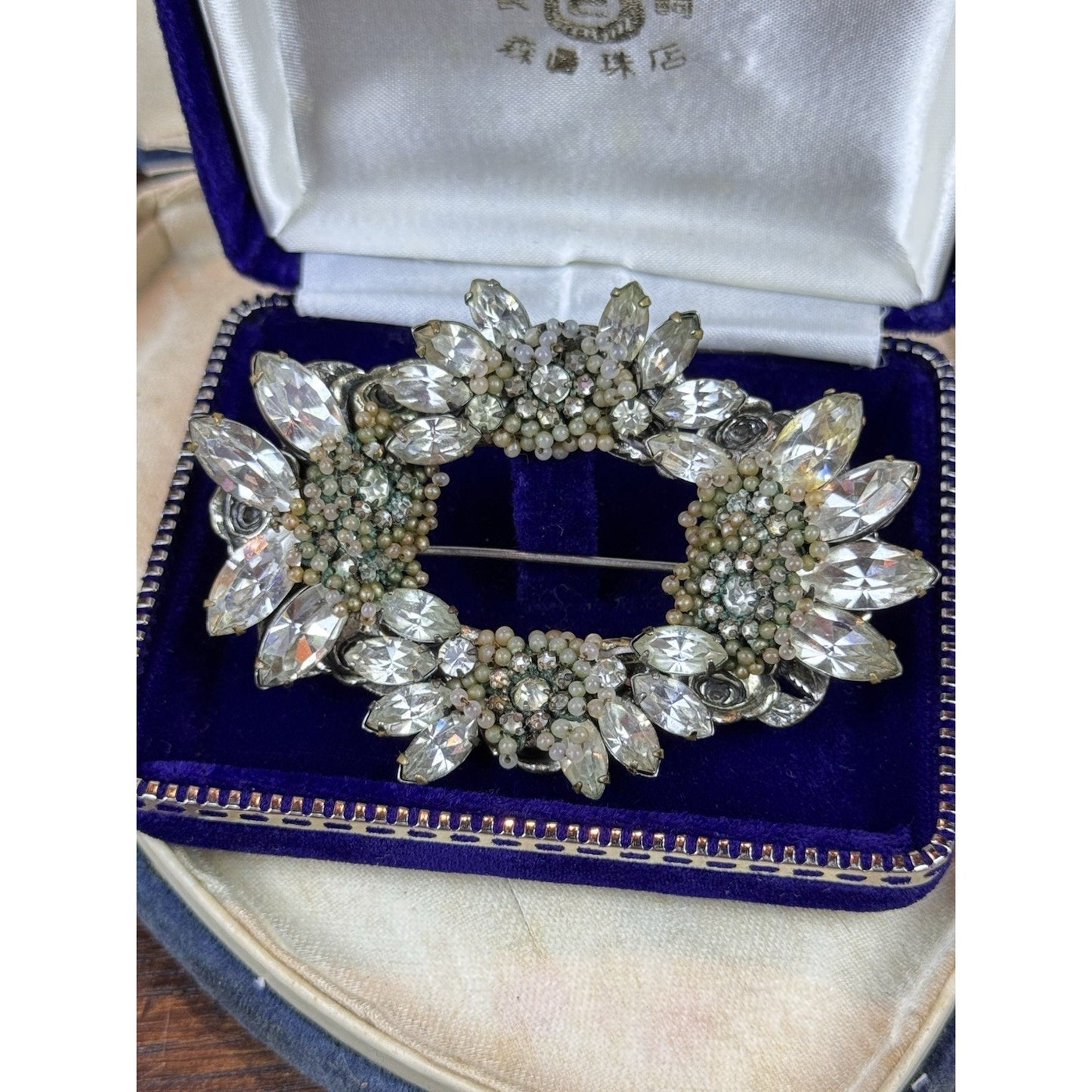 VTG Miriam Haskell Brooch Rhinestone Seed Pearl Floral Wreath Signed 3” READ‼️