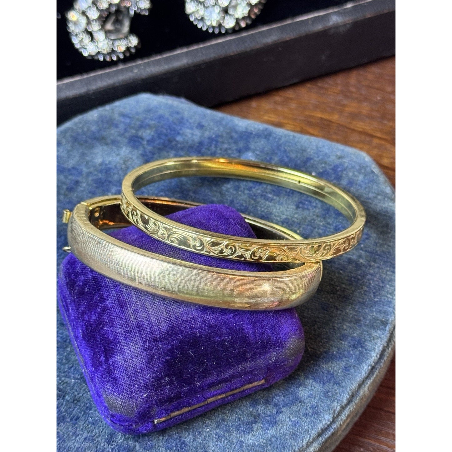 Goldtone Bangle Bracelets LOT of 2 Textured Etched Antique Style VINTAGE