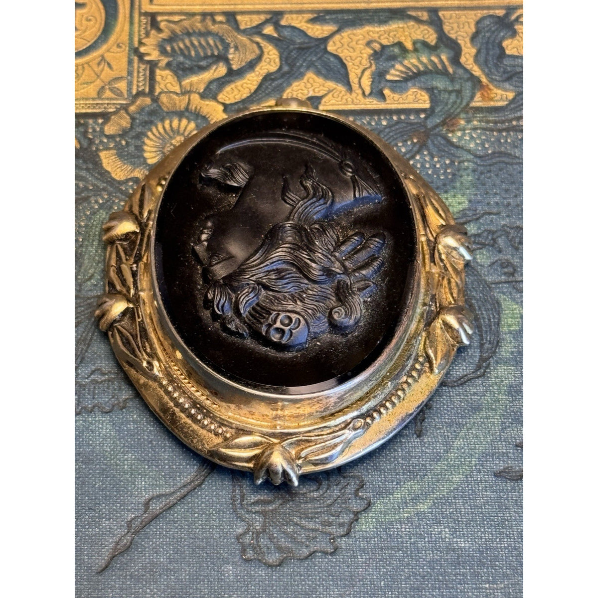Cameo Brooch Black Glass Goldtone Floral Frame Victorian Style Vintage 2.5” x 2”
