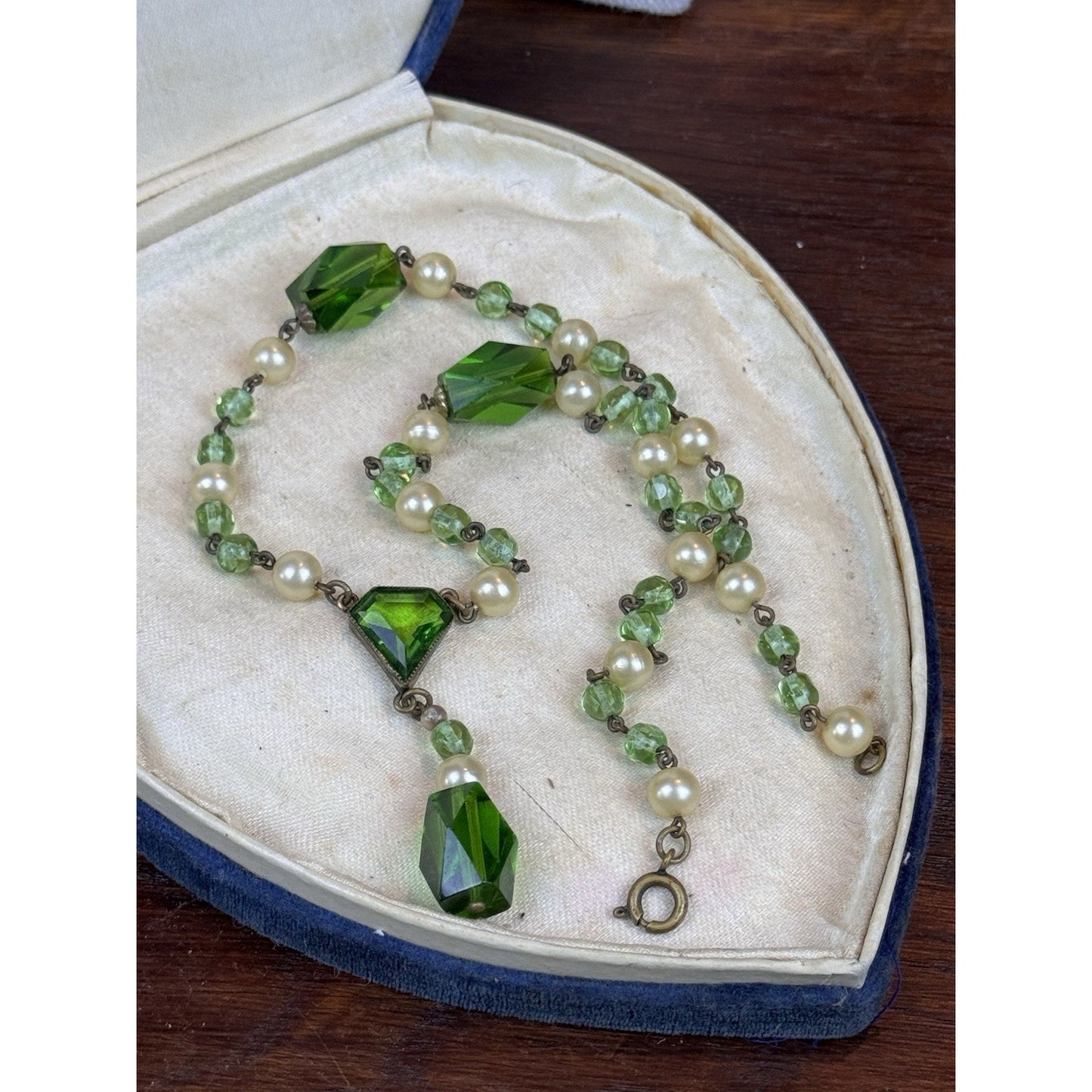 Vintage Czech Style Glass Necklace Green Crystal Faux Pearl Lavalier 17”