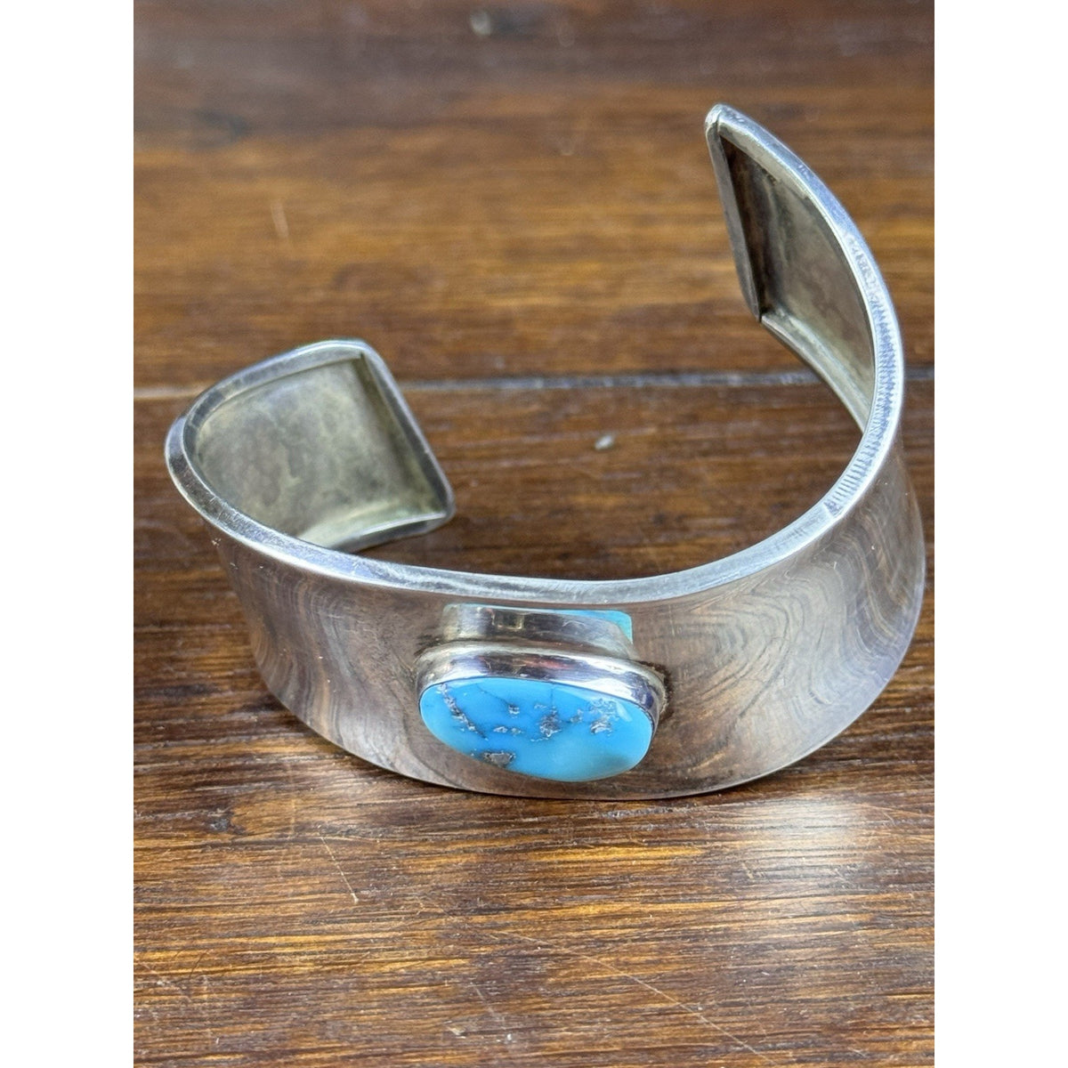Sterling Silver Cuff Bracelet Blue Stone Wide Modernist Style 6.75” Wrist Size