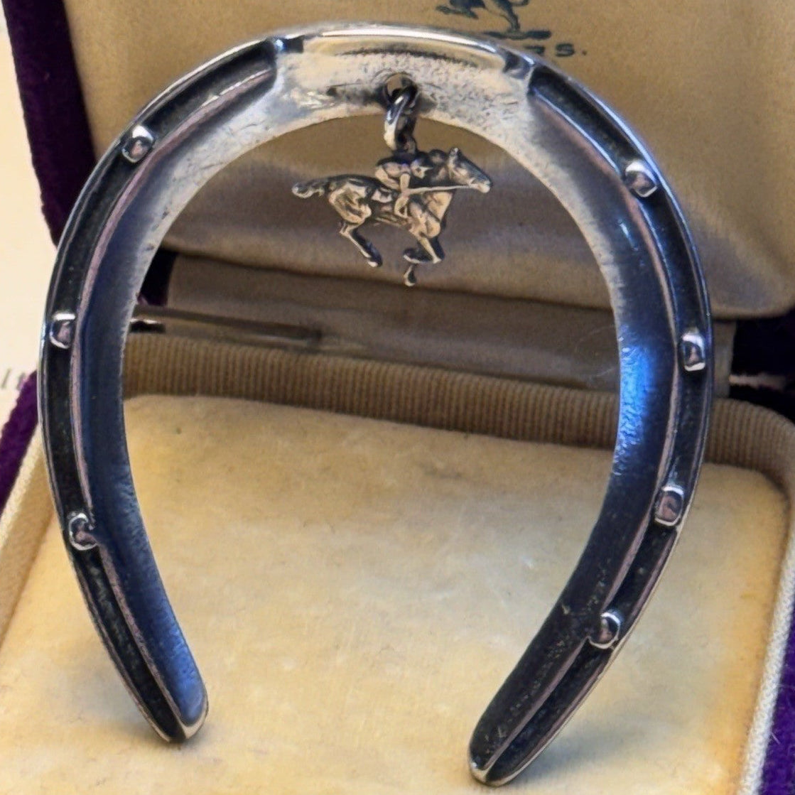 Sterling Brooch Horseshoe Horse Jockey Dangle Equestrian Racing Vintage 2”