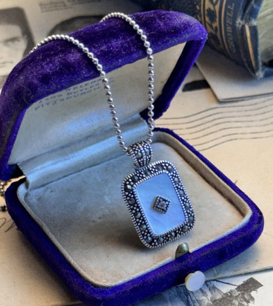 925 Sterling Silver Mother Of Pearl Marcasite Pendant Necklace 23” Ball Chain 1”