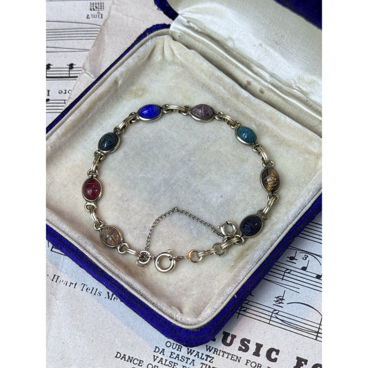 Vintage Gold Filled Scarab Bracelet Carved Stone Gemstone 7” Safety Chain