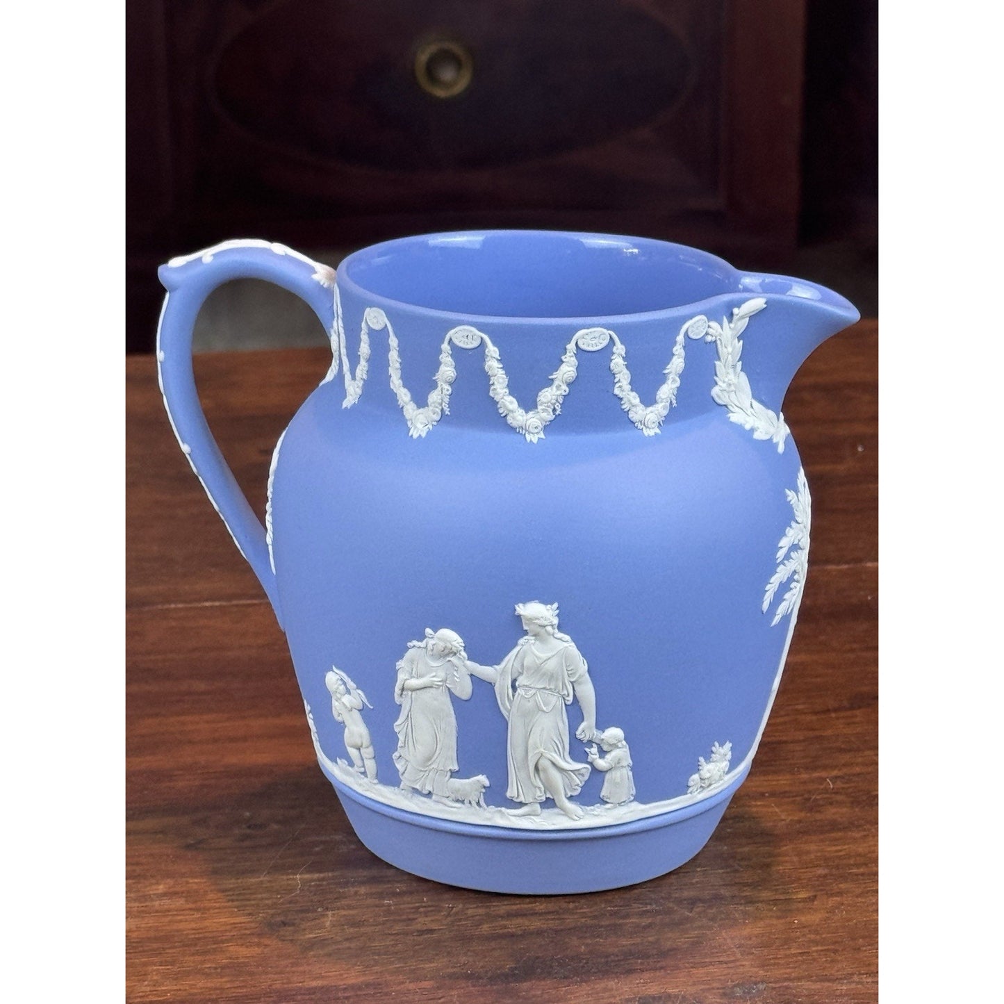 Vintage Wedgwood Jasperware Pitcher Blue White Classical Figures England 5”