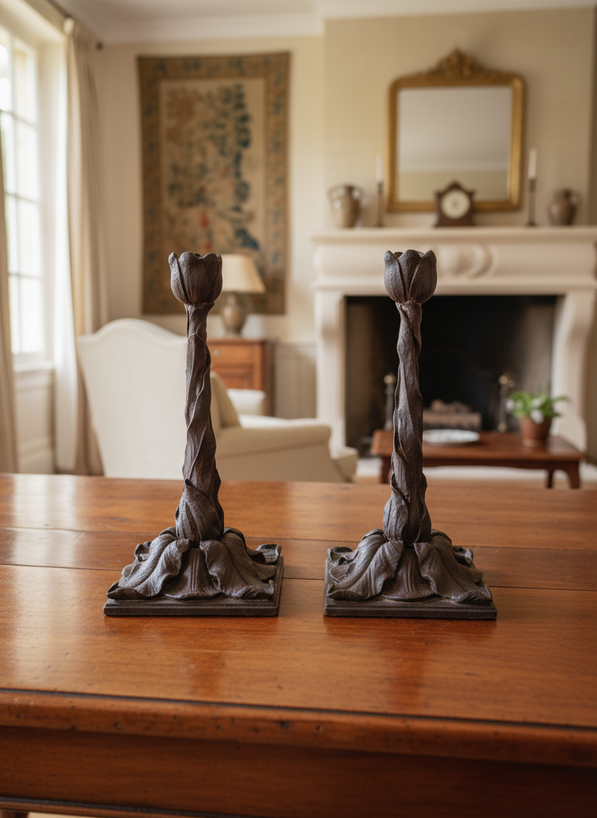 Antique BLACK FOREST Style Hand Carved Tulip Candlestick Pair Circa 14”h EXTREMELY RARE‼️