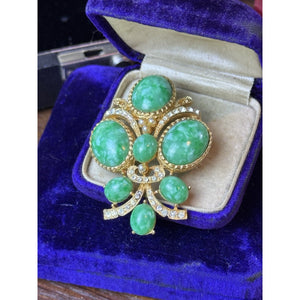 Vintage Green Lucite Brooch Goldtone Faux Pearl Rhinestone Statement Pin 2.25”