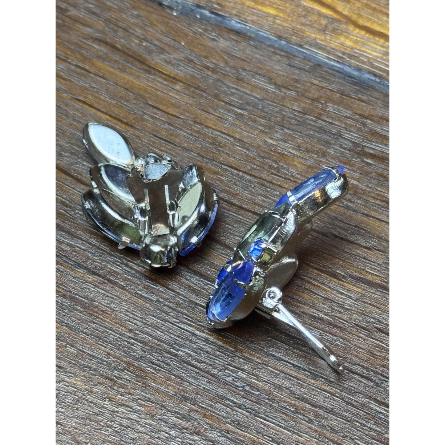 Vintage Earrings Blue Rhinestone Clip On Black Light Blue Navette Silvertone
