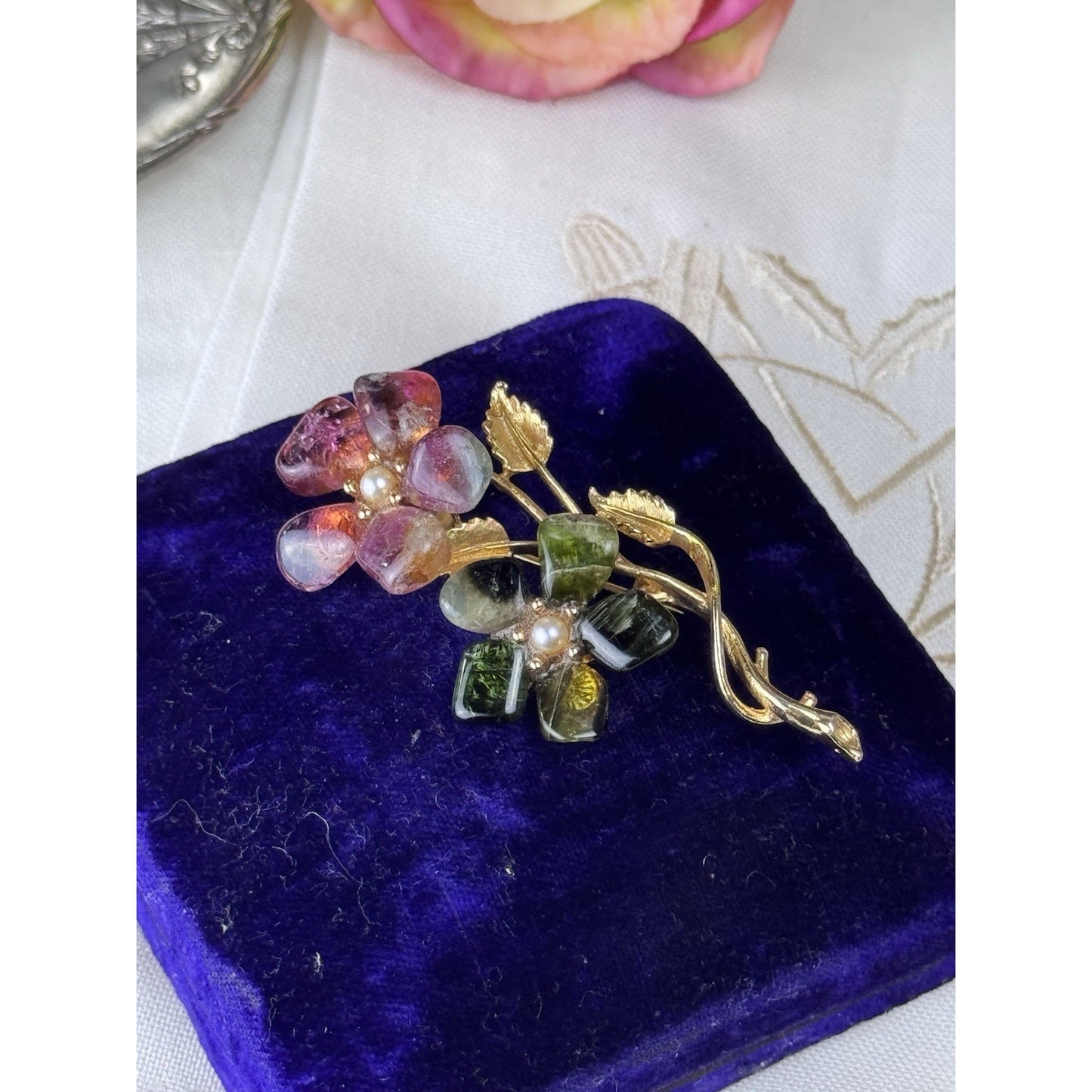 Vintage Pink Green Stone Floral Brooch Seed Pearl Goldtone 2.75” Estate Pin