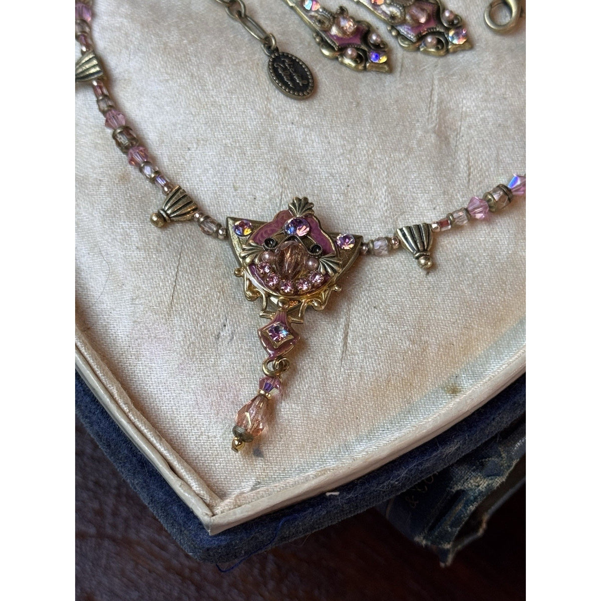 Michal Golan Necklace Earring Set Pink Rhinestone Beaded Goldtone Vintage 19”