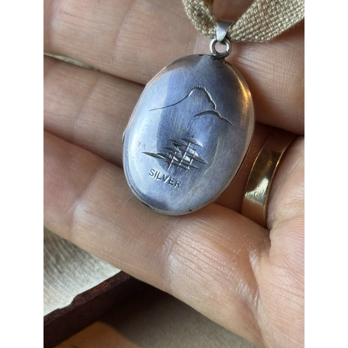 Vintage Silver Locket Pendant Engraved Japanese Pagoda Mountain Scene 1” x .75”