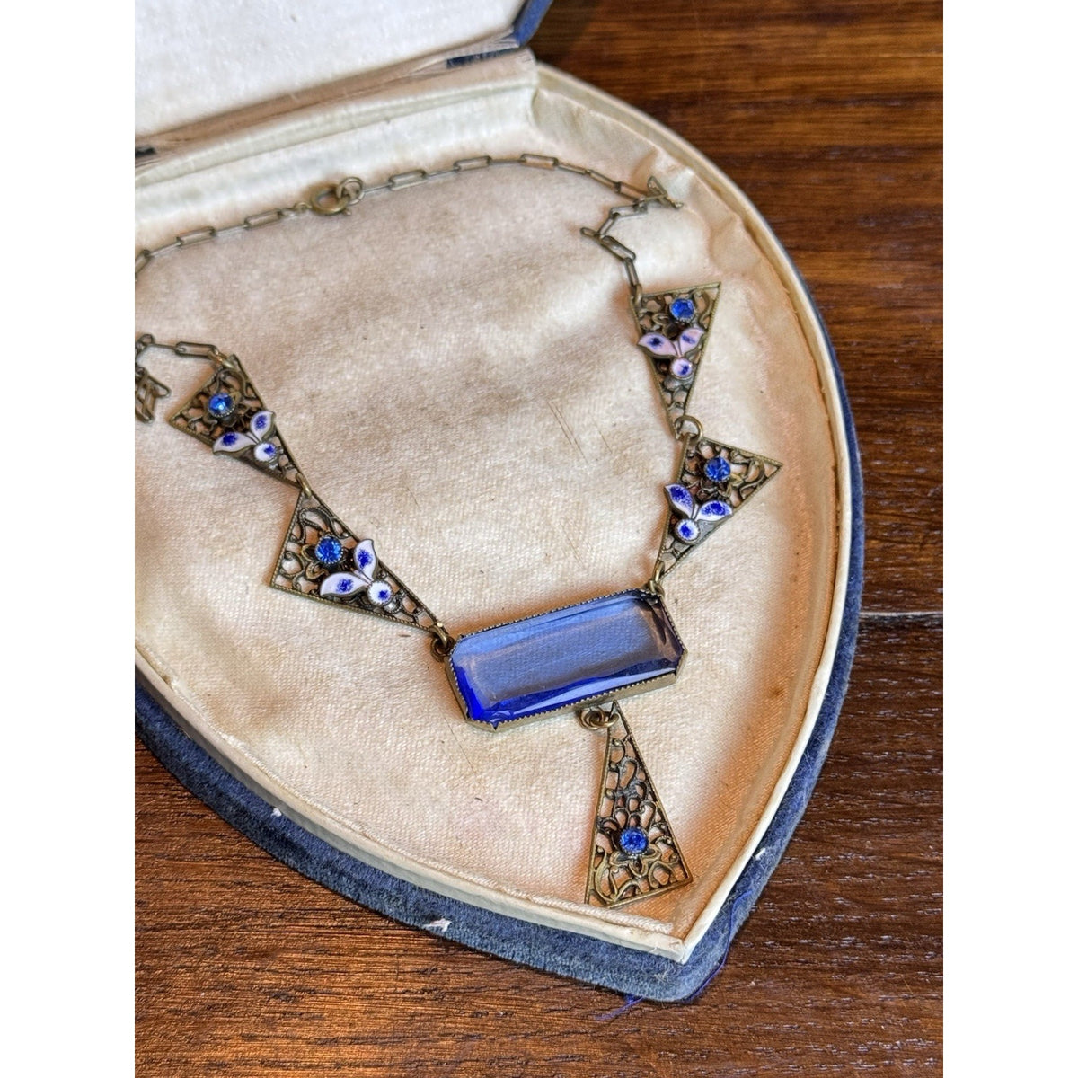 Antique Czech Necklace Blue Glass Enamel Brass Filigree Art Deco 15.5” L
