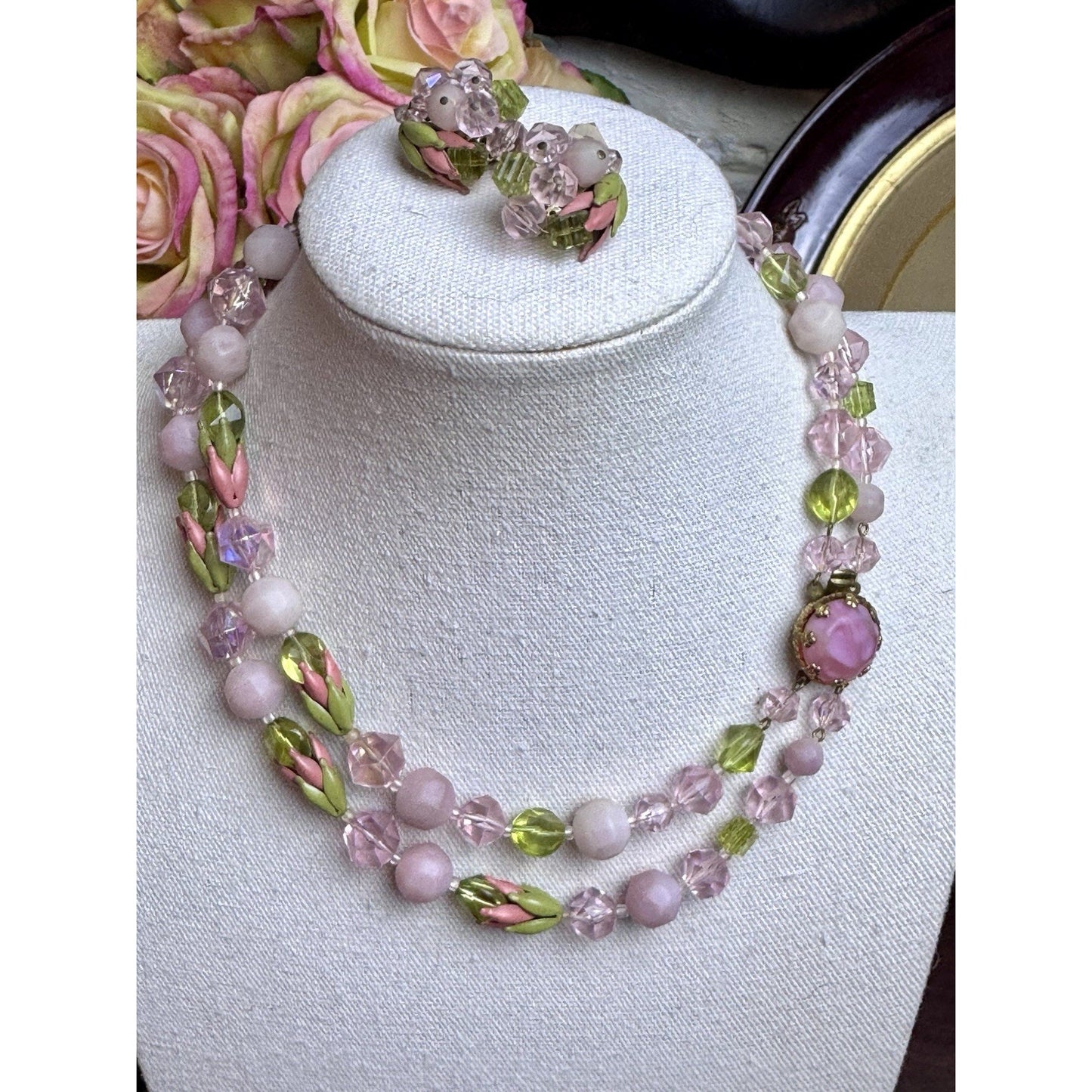 Vintage Pink Green Glass Bead Necklace Clip Earrings Set