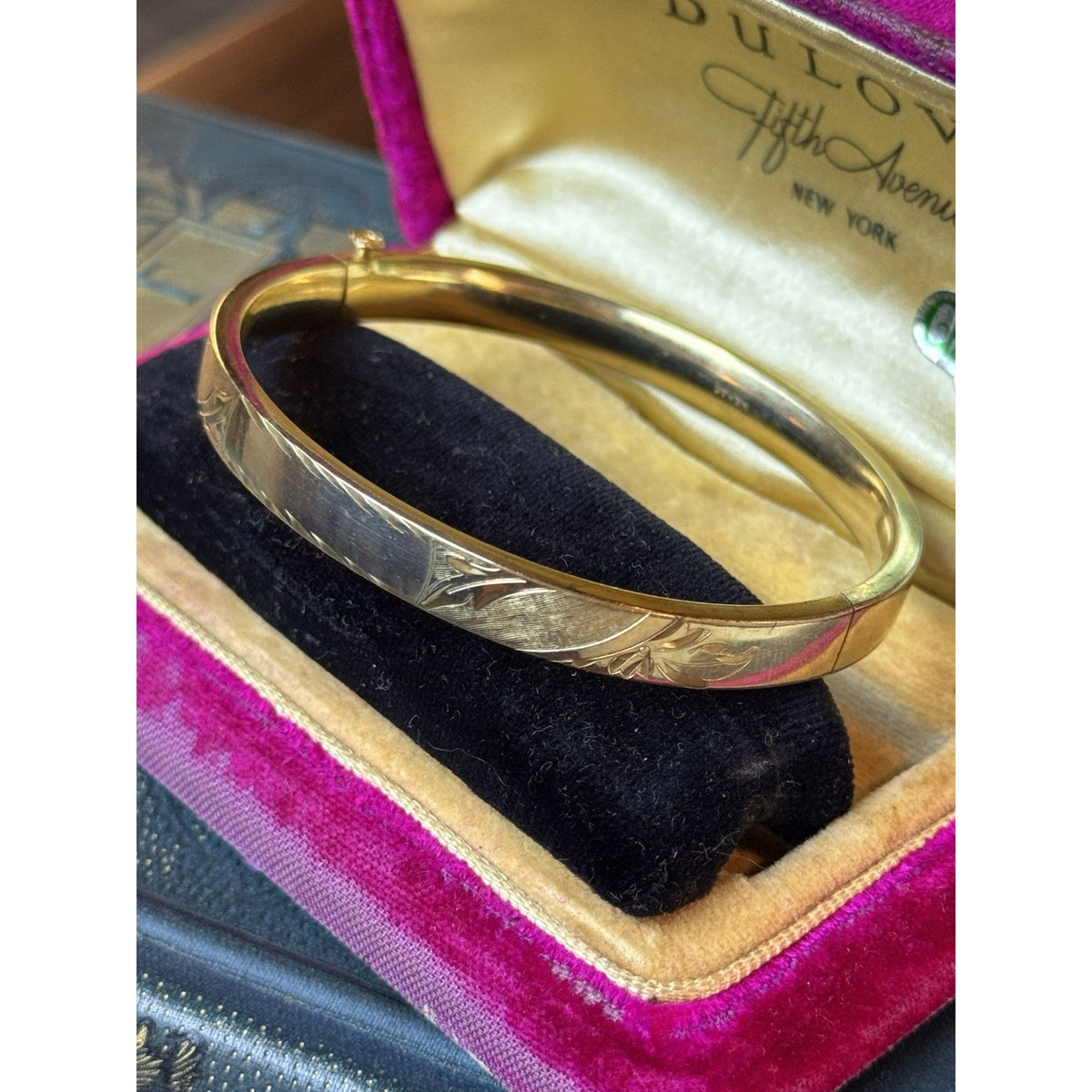 Gold-Filled Bangle Bracelet Engraved Leaf Design No Monogram Signed WEH GF 6.75”