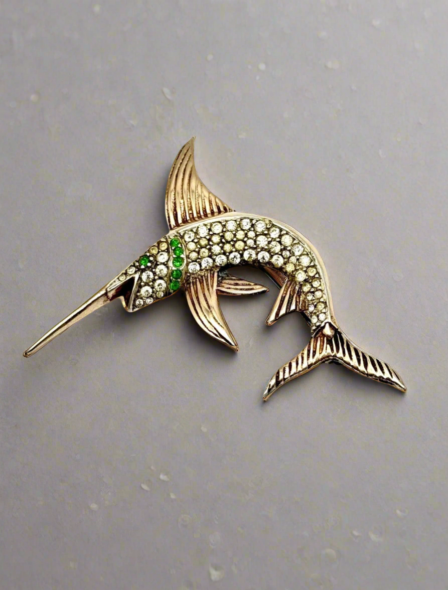 Vintage Sterling Silver Vermeil Swordfish Rhinestone Brooch 1940s ICONIC Style