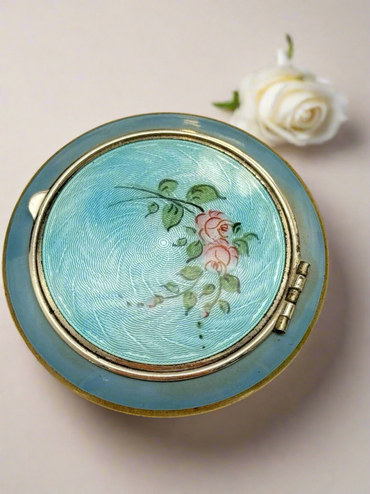 1920s Guilloche Enemal Compact Blue Pink Roses On Aqua