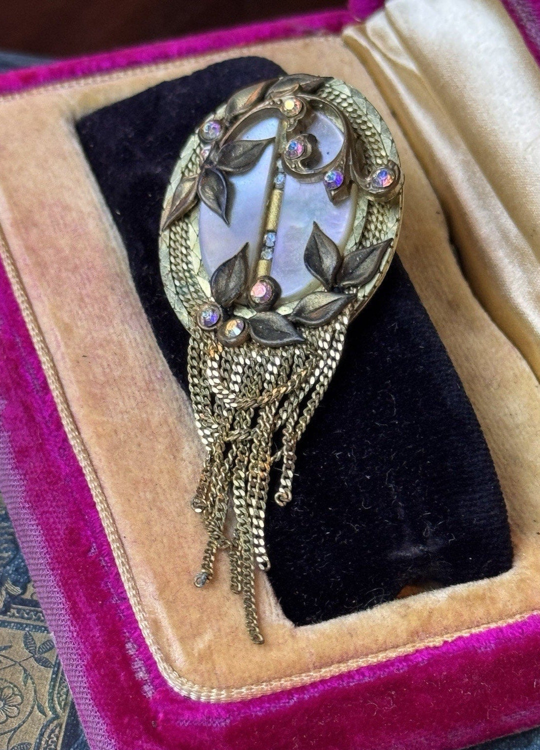 MARENA Brooch Pendant Goldtone Tassel Rhinestone Handmade Germany Vintage 2.75”