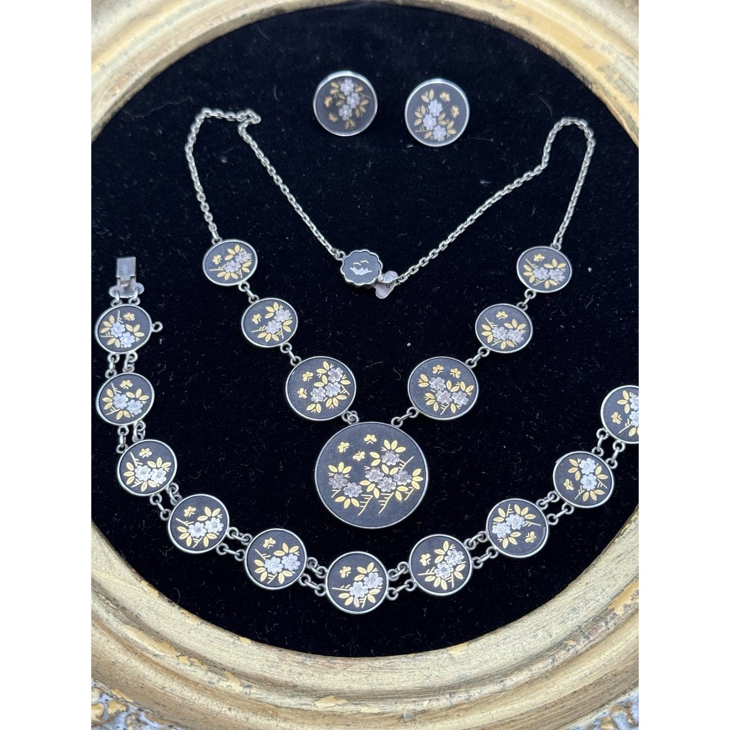 Japanese Damascene Necklace Set Silver Bracelet Earrings Floral Vintage
