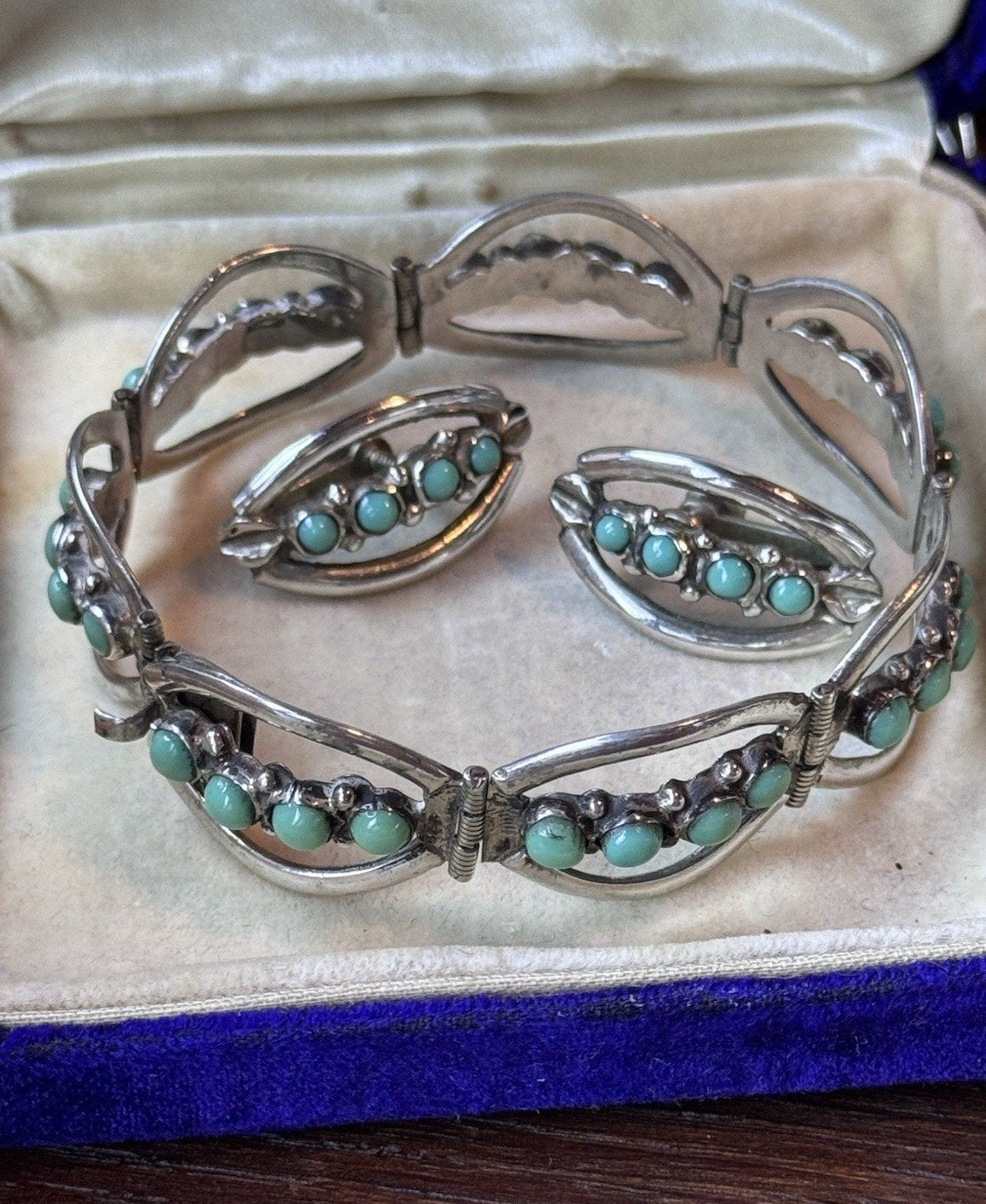 925 Bracelet Earrings Set Sterling Silver Green Cabochons Handmade ARTISAN