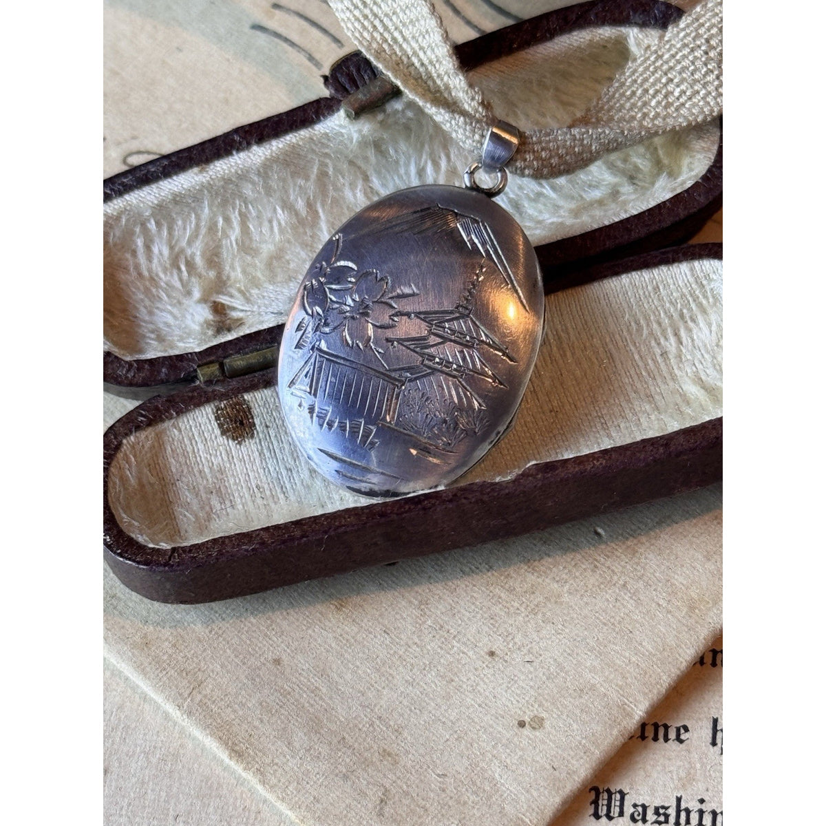Vintage Silver Locket Pendant Engraved Japanese Pagoda Mountain Scene 1” x .75”