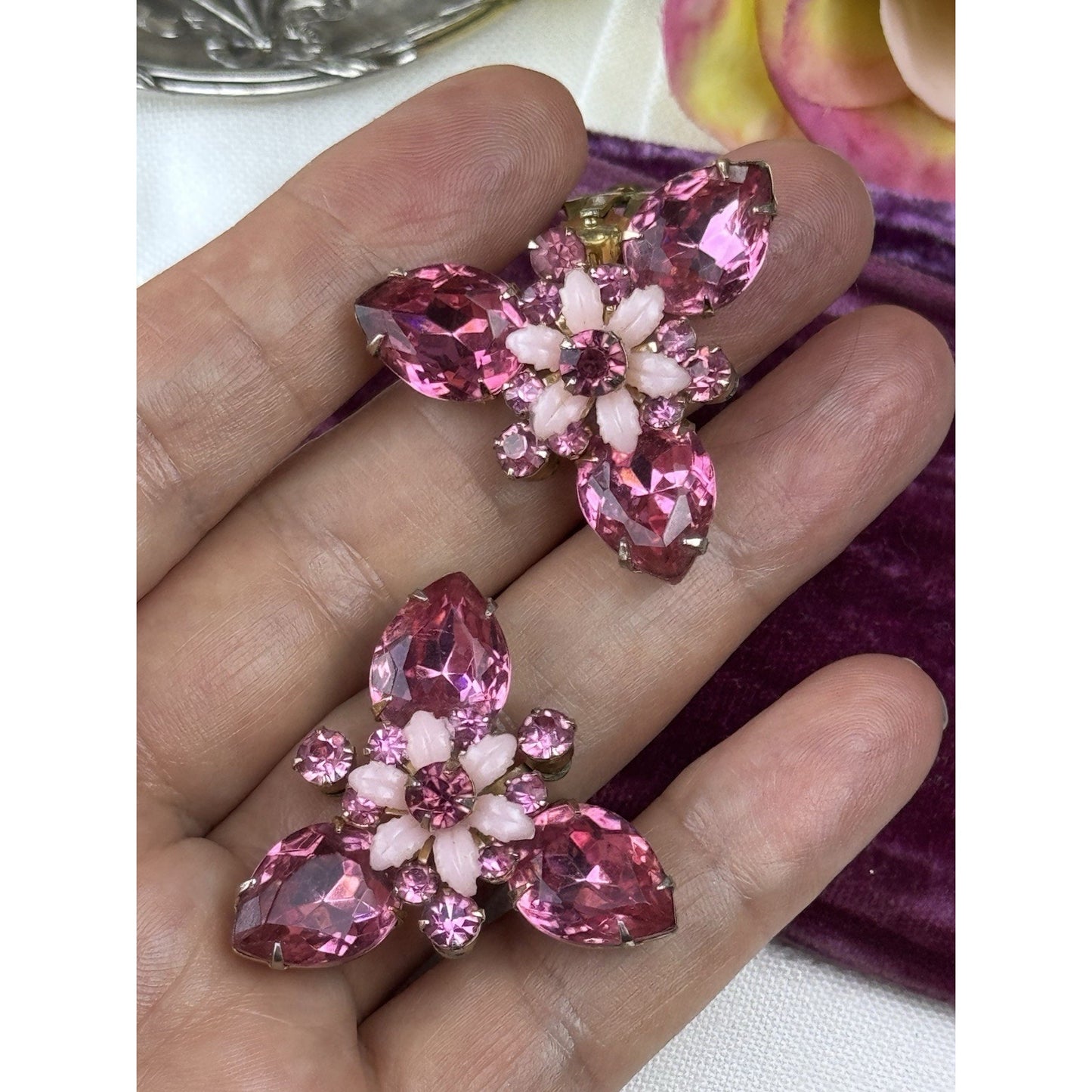 Vintage Earrings Pink Rhinestone & Molded Glass Floral Clip-On
