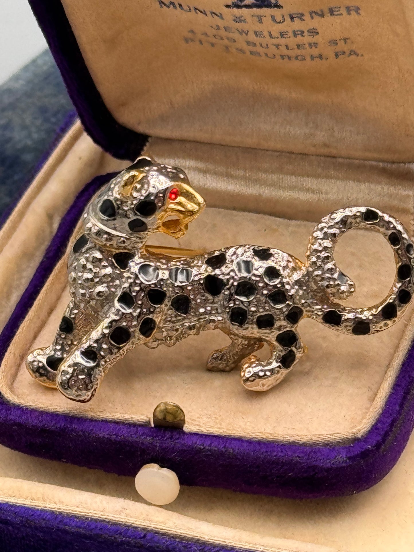 Vintage Leopard Brooch Silver Tone Black Enamel Red Eye Cat 2”