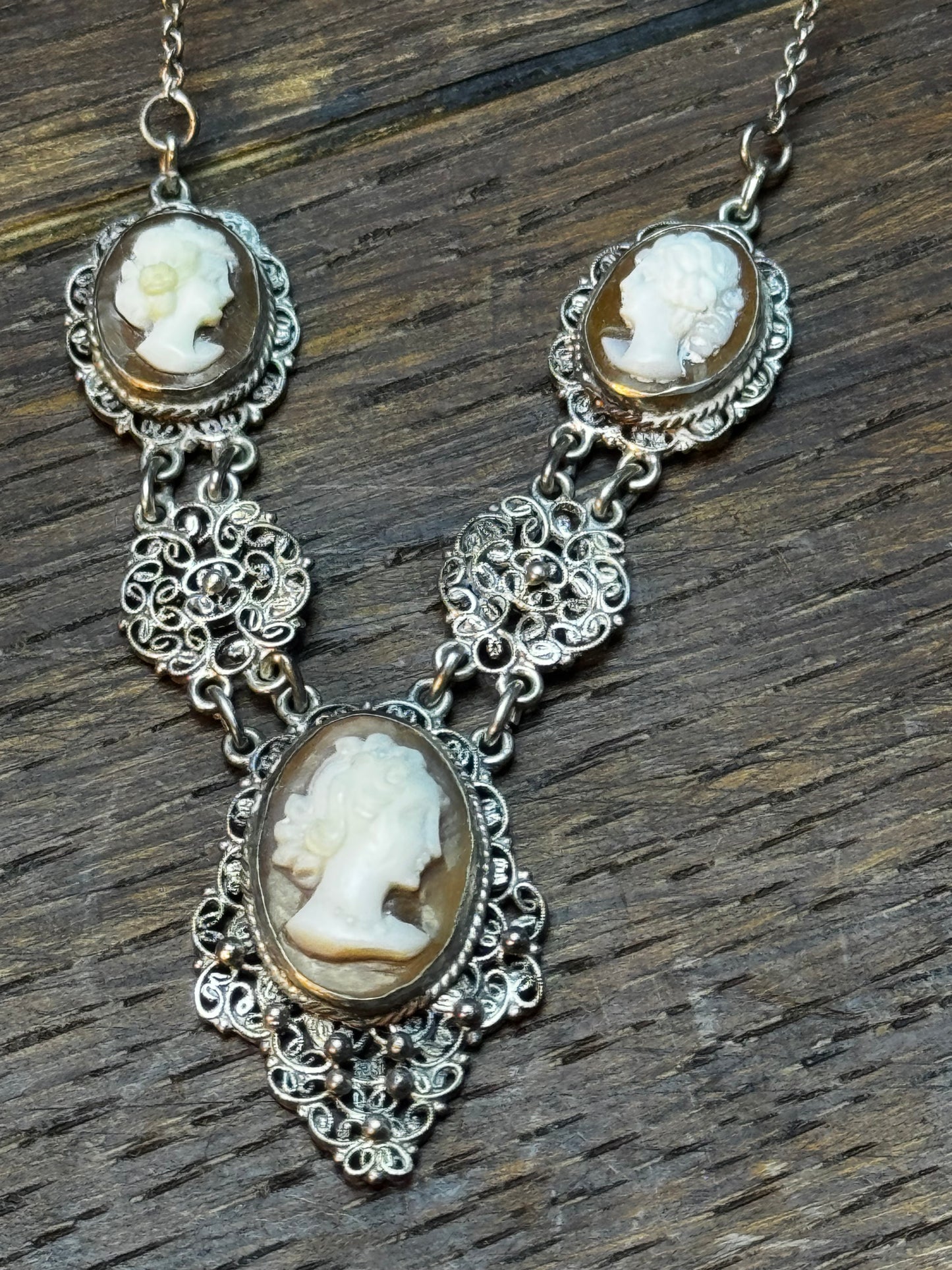 Antique Cameo Necklace “Italian” Filigree 16.5” 800 Silver
