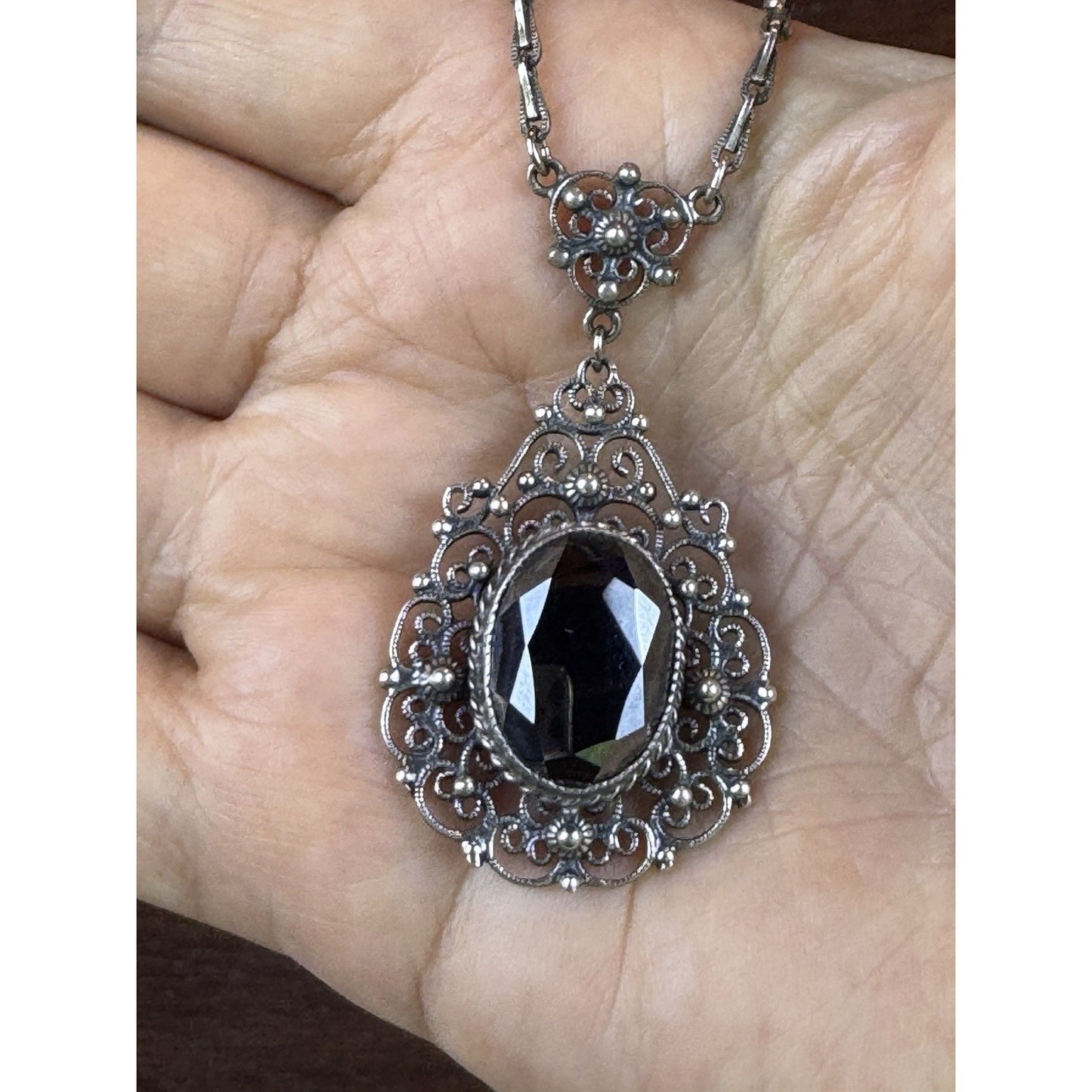 VTG Danecraft Sterling Silver Hematite Ornate Filigree Necklace w/ Original Tag