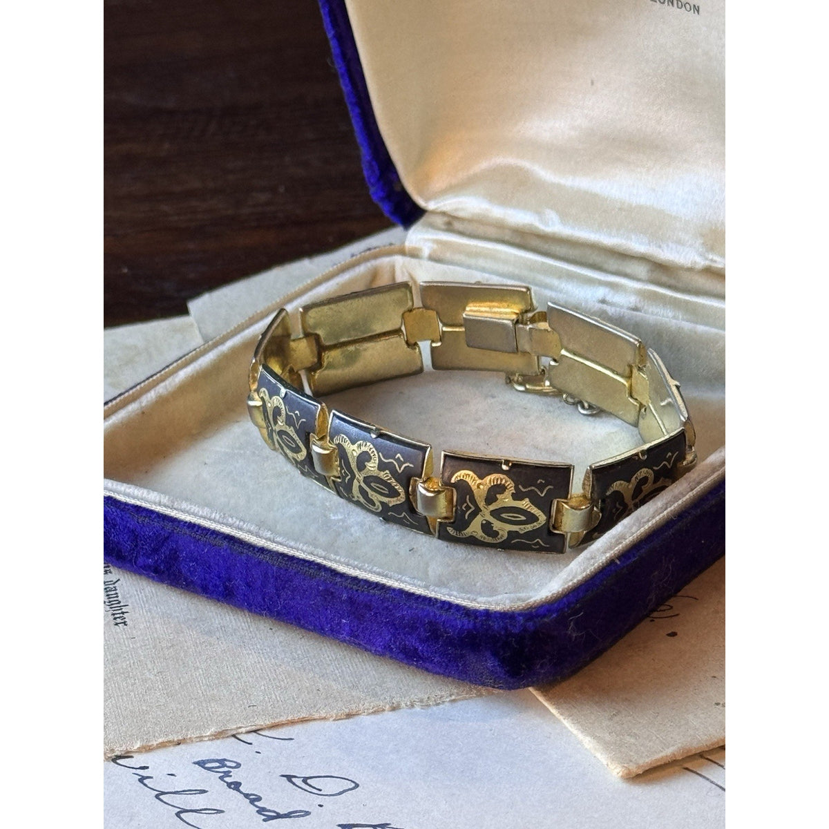 Spanish Damascene Bracelet Black Goldtone Floral Panel Links 6.5”