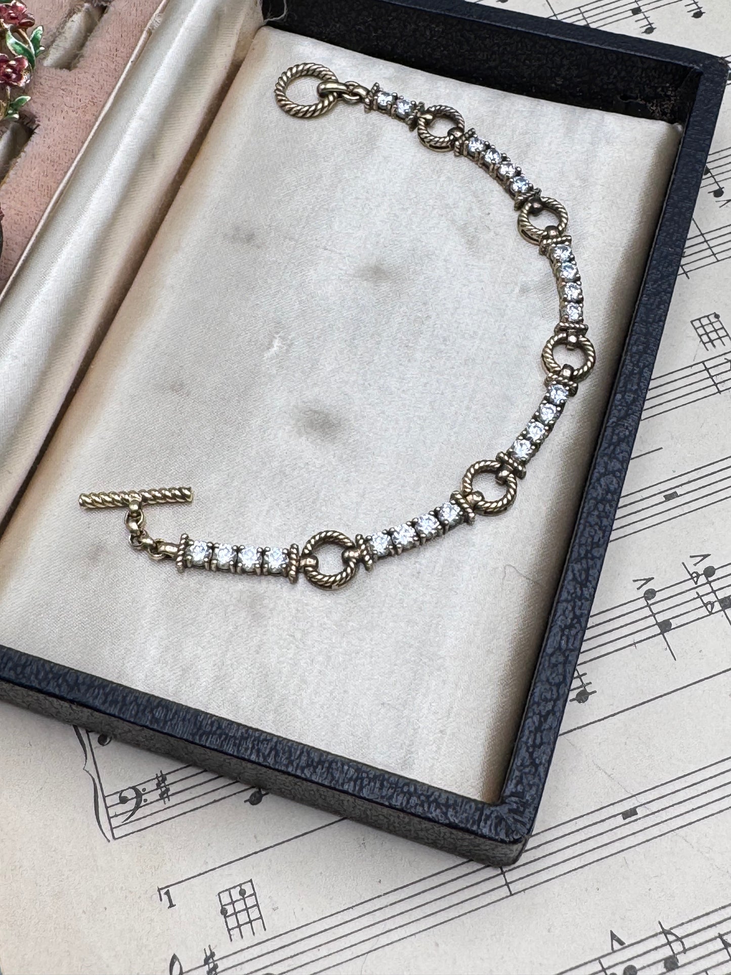 Sterling Silver CZ Toggle Bracelet Gold Plated Thailand Rope Link 7.5” Vintage