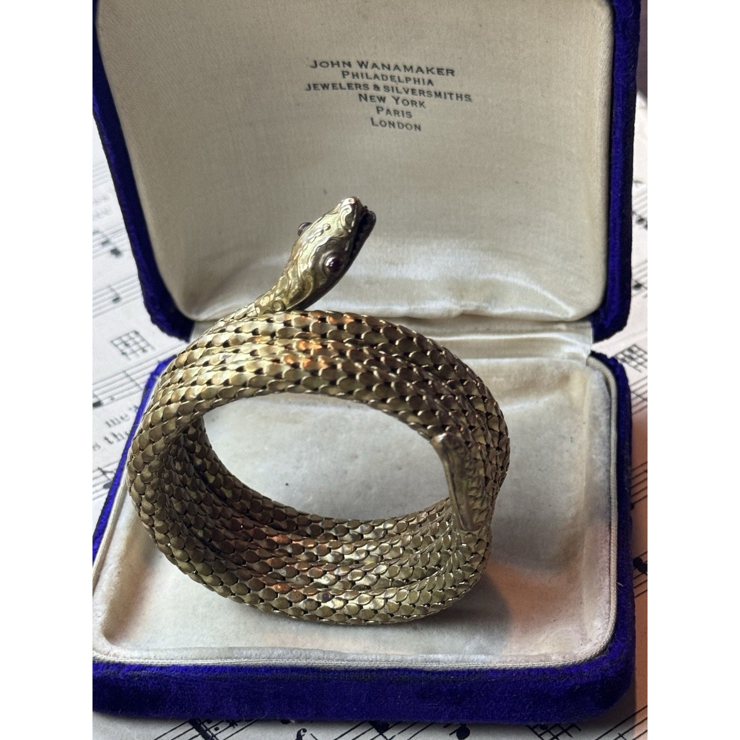 Snake Coil Bracelet Victorian STYLE Goldtone Red Glass Eyes 6.25” x 1”