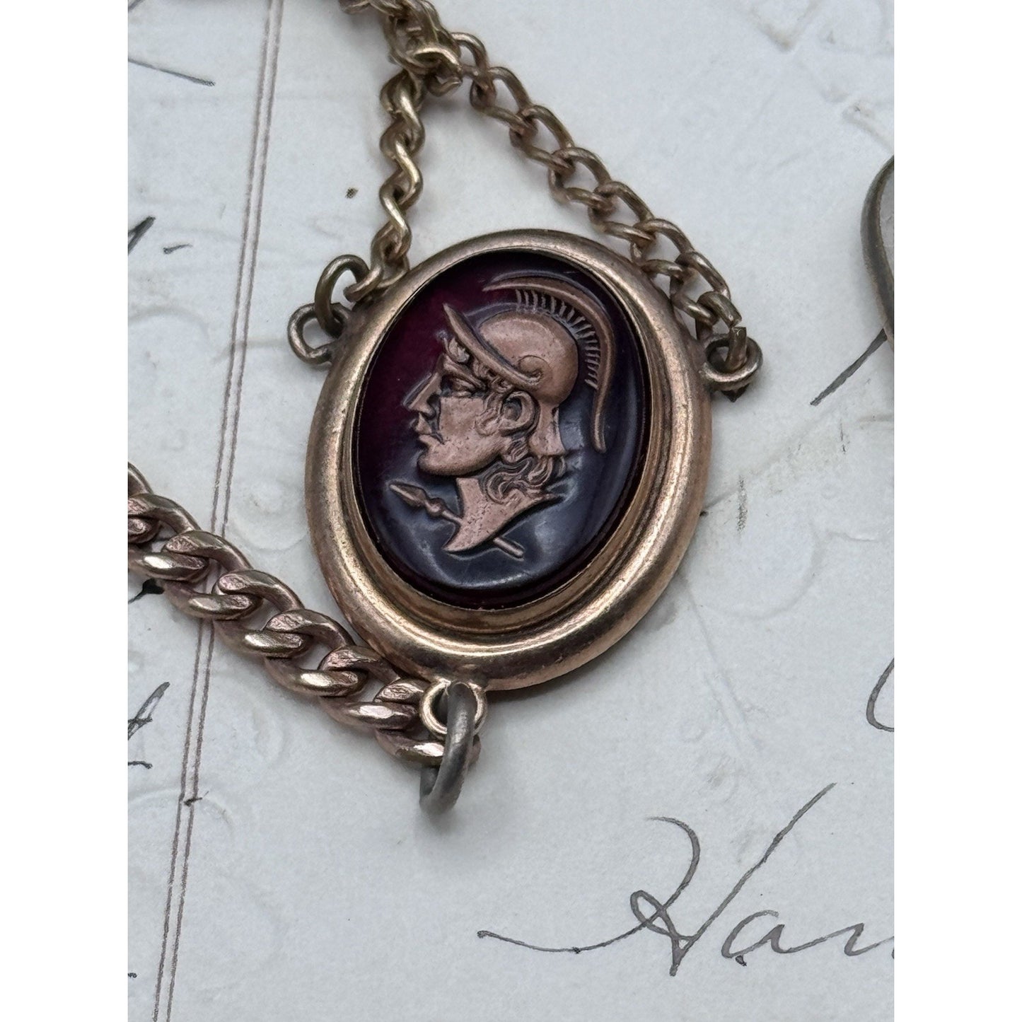 Vintage Rose Goldtone Watch Chain with Roman Centurion Faux Intaglio Pendant