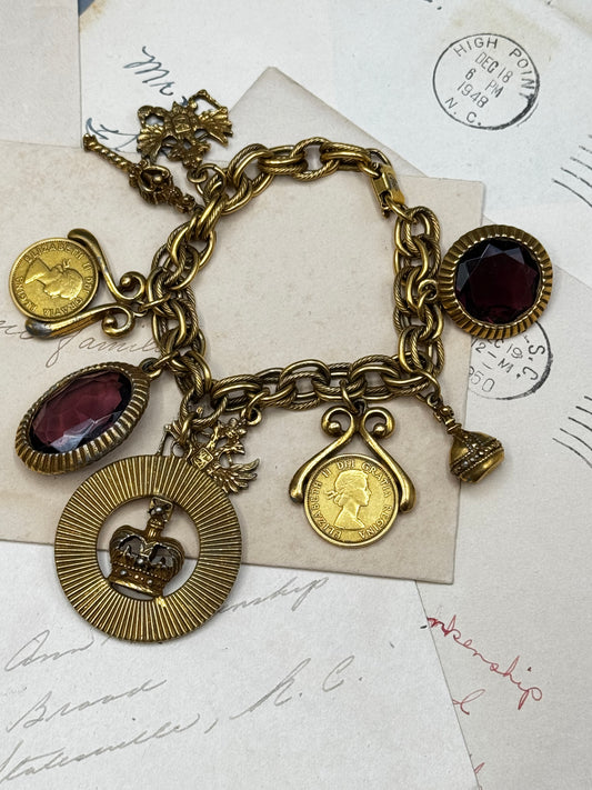 Vintage Coro Goldtone Charm Bracelet Royal Coin Crown Charms 6.75”