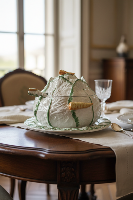 VINTAGE Italian Majolica Cabbage Tureen Set Carrot Handles Platter Ladle RARE