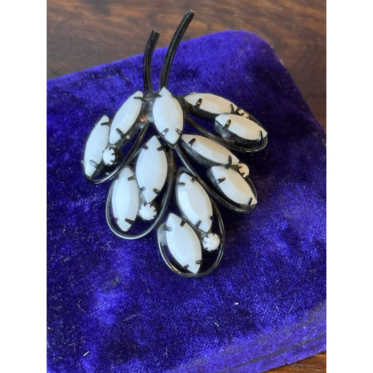 Vintage Brooch Black White Glass Floral Spray Japanned Statement Pin 2.5”