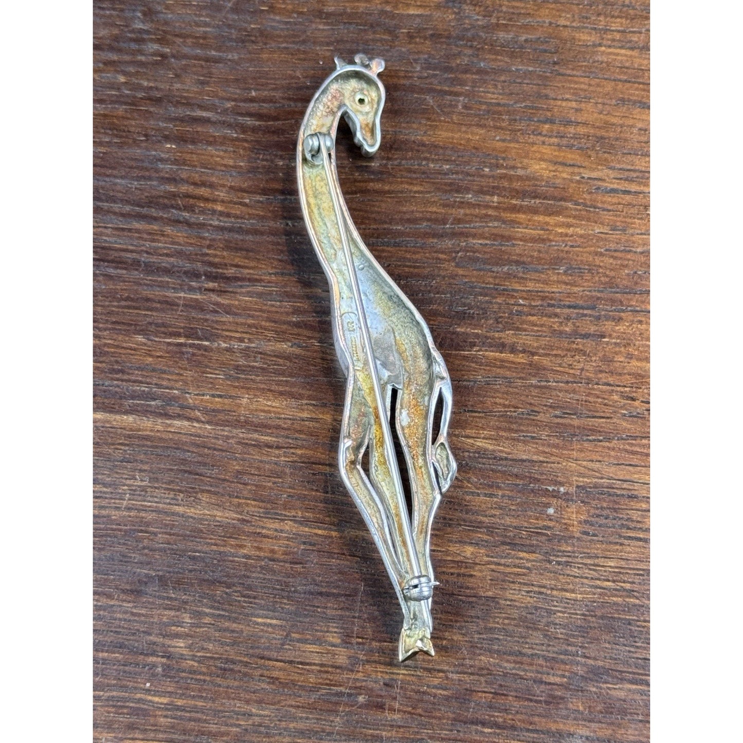Vintage Sterling Silver 14K Gold Giraffe Brooch Green Eye Figural 3.75”
