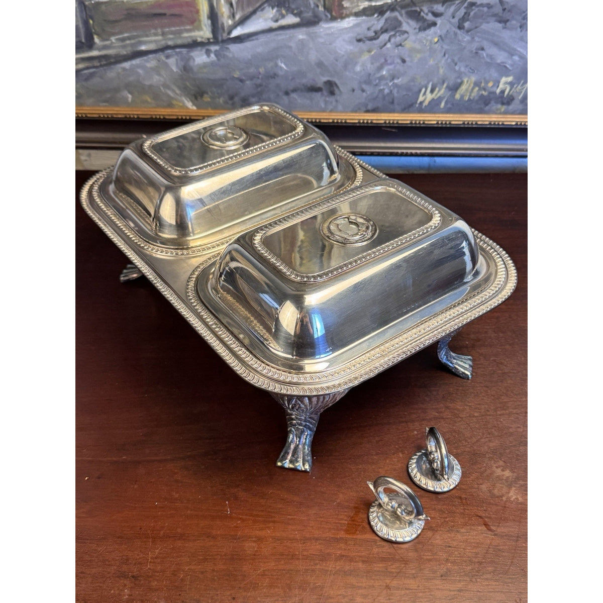 Silverplate Double Server Chafing Dish Rope Edge Footed Covered Vintage 15.25”