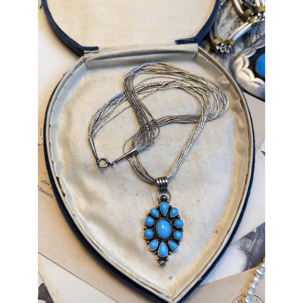 L GANADO Sterling NAVAJO Turquoise Pendant Signed Waterfall Necklace 17.5”