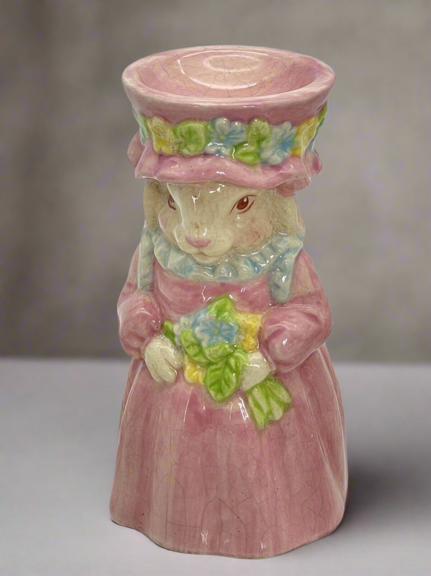 Vintage Mrs Bunny Easter Egg Cup Holder Pottery Cracks Glaze Pink 4”