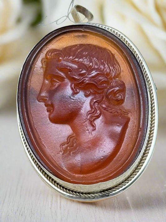 Vintage Amber Resin Left Facing Classical Cameo Sterling Vermeil ESTATE FIND