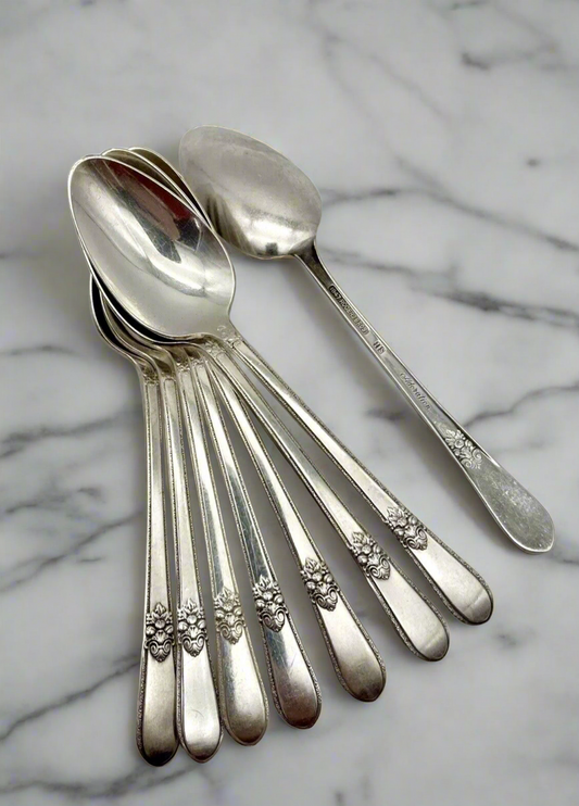 8 International Rogers & Bros ADORATION Silverplate Teaspoons 1930