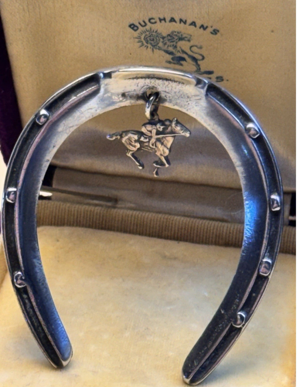 Sterling Brooch Horseshoe Horse Jockey Dangle Equestrian Racing Vintage 2”