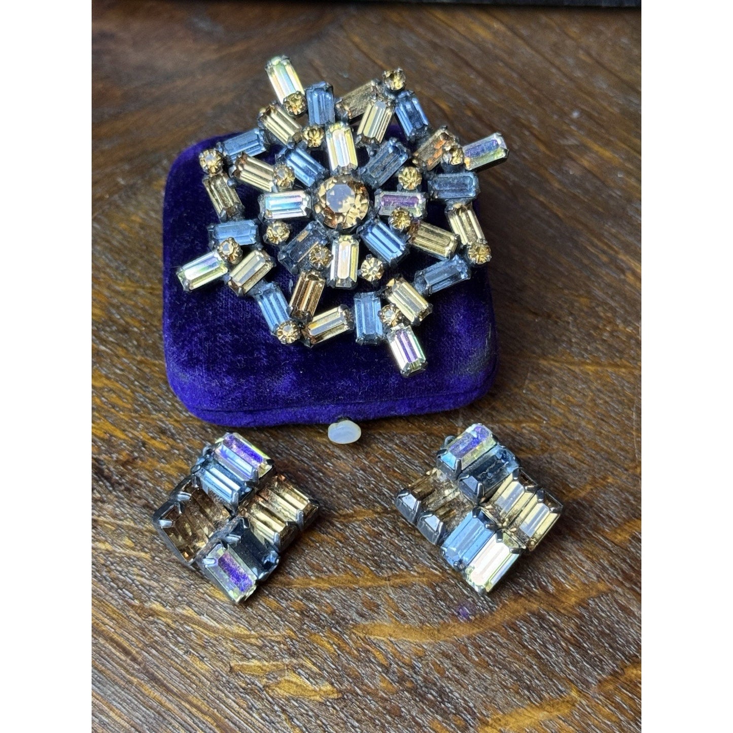 Signed Weiss Blue Bronze AB Rhinestone Demi Parure
