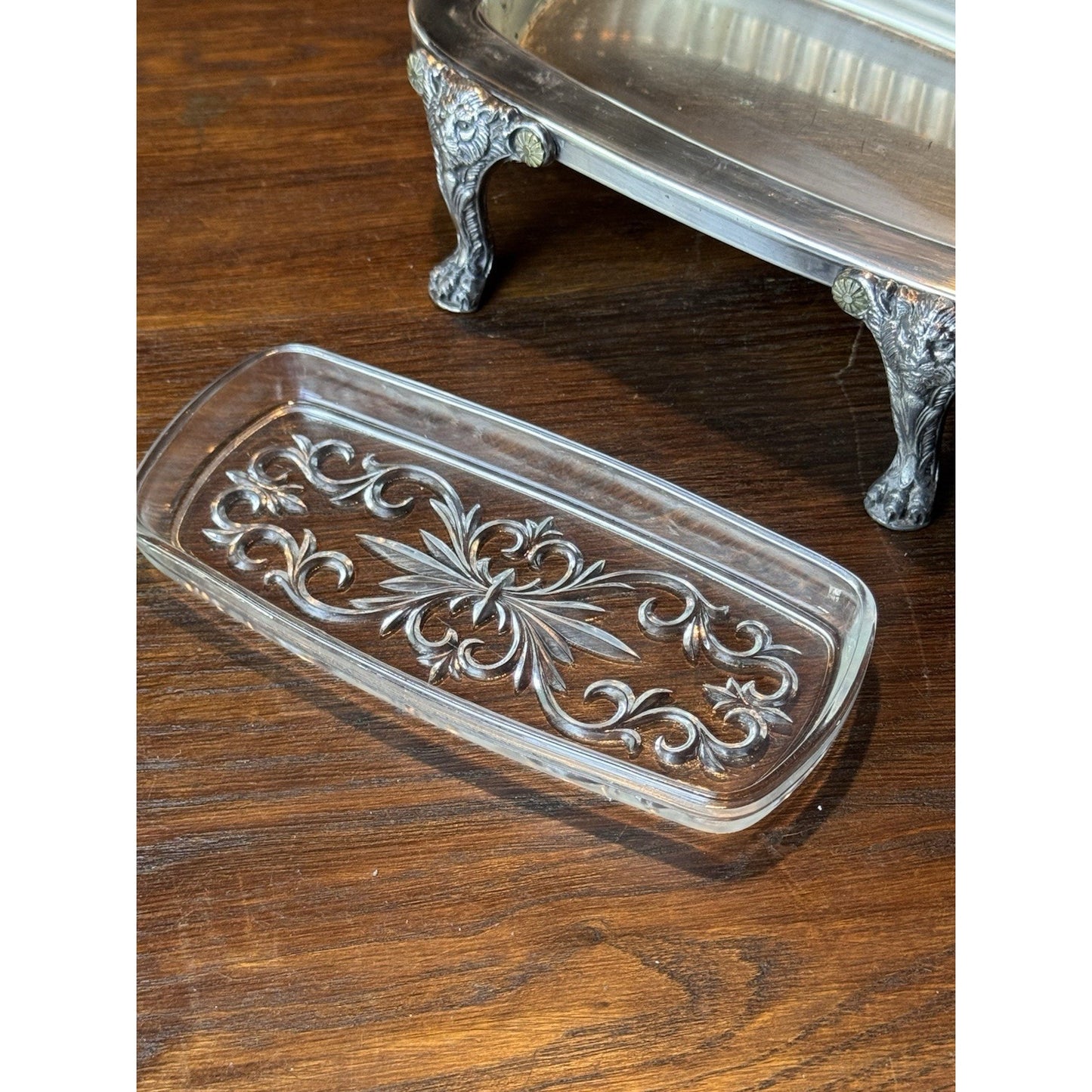 Silverplate Roll Top Butter Dish F B Rogers Silver Co Lion Feet 7.5”