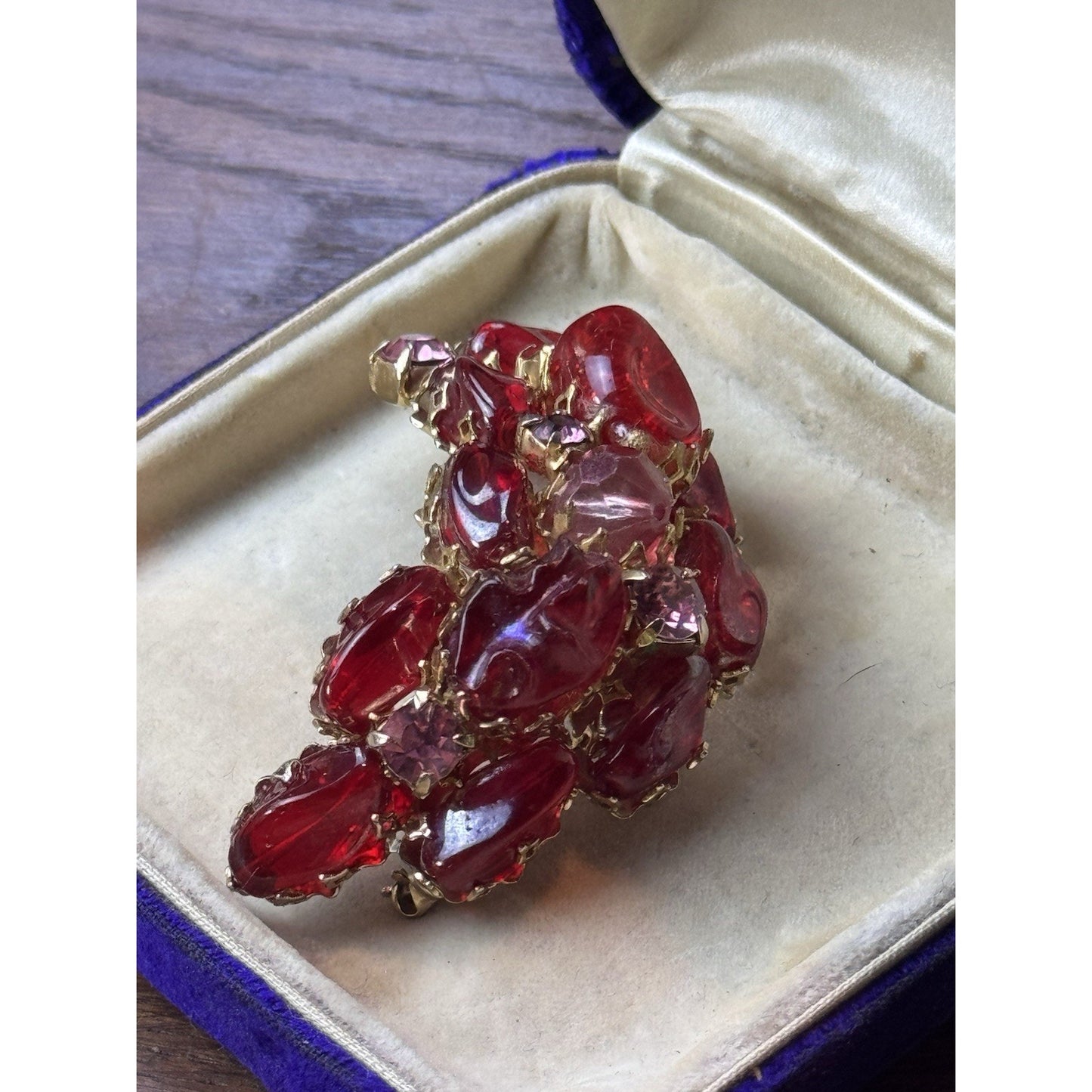 Vintage Brooch Red Lucite 2.25” Goldtone Crescent Cabochon Rhinestone Cluster