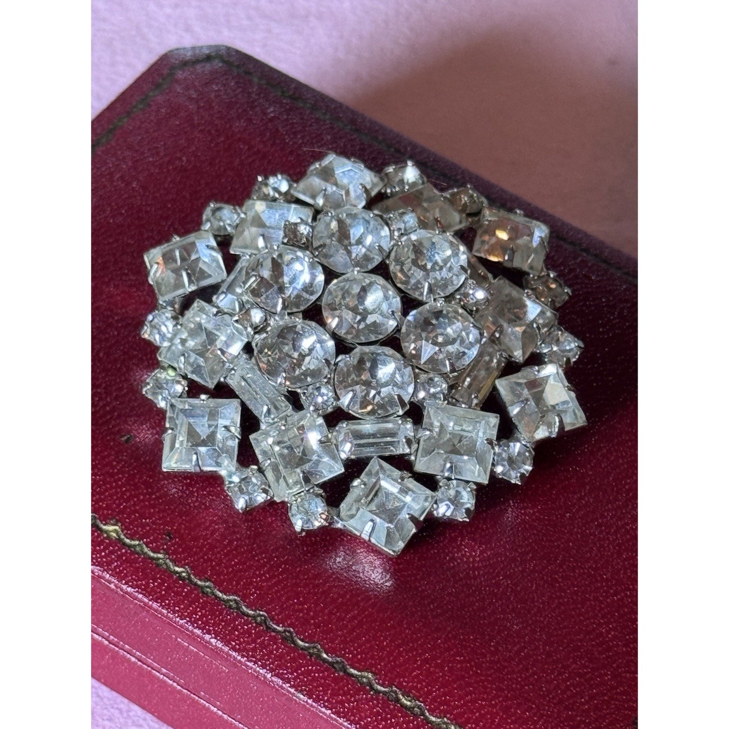Vintage WEISS Brooch Clear Rhinestone Signed 2” Round Baguette Square