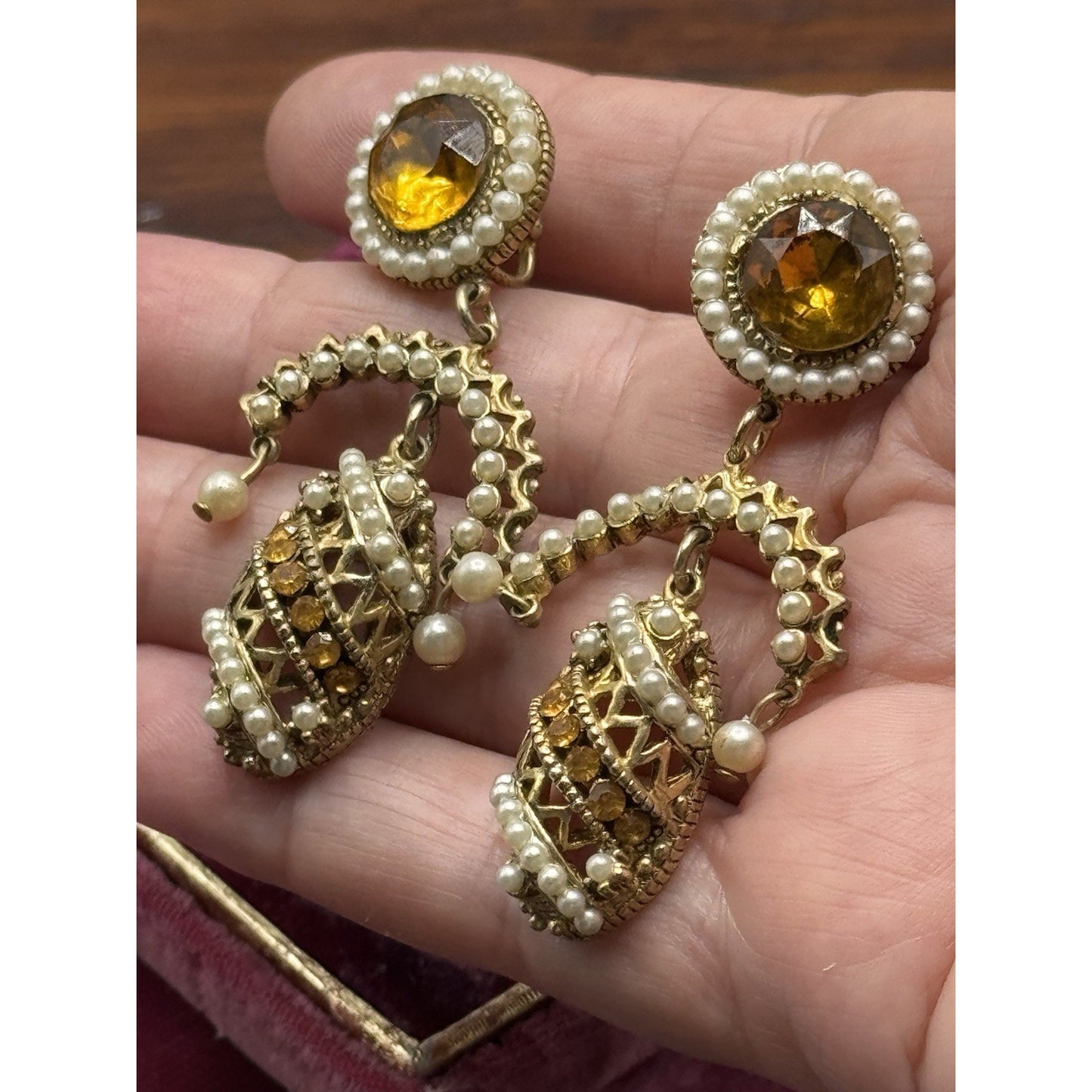 Vintage Clip-On Earrings Faux Pearl Amber Rhinestone Dangle Goldtone 2.5”