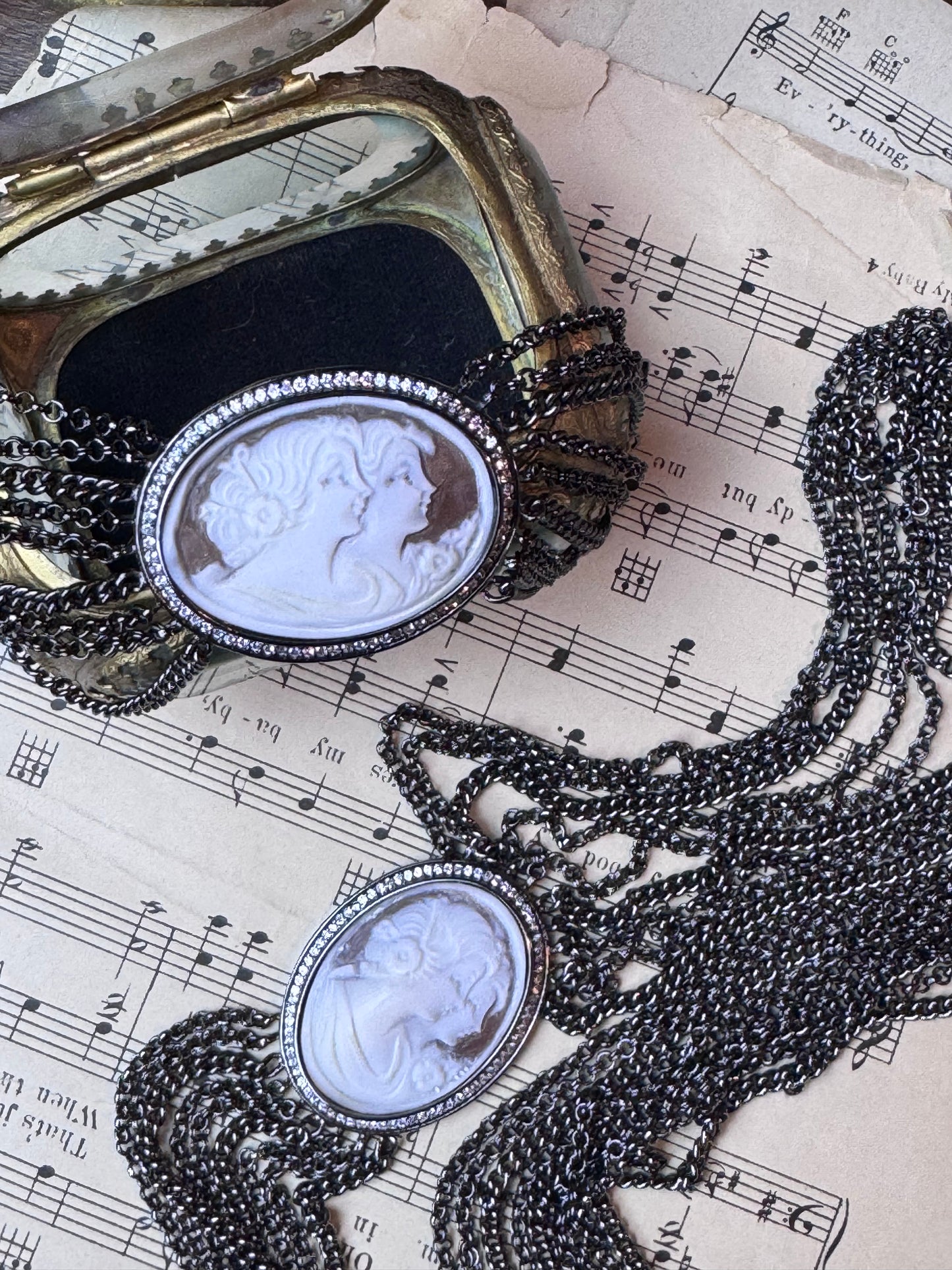 Cameo Necklace 32” & 7.25” Bracelet Gunmetal Multi Strand - Estate Find